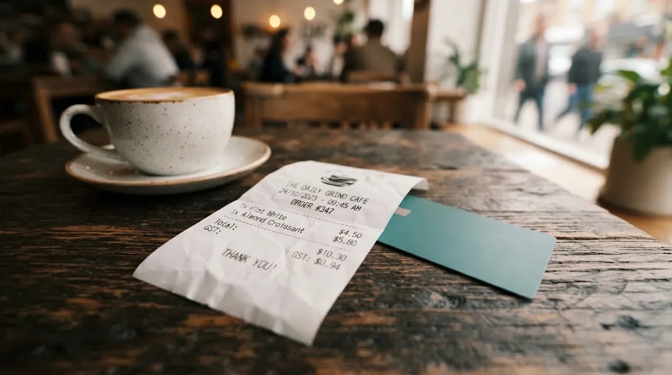 A receipt and a card on a café table