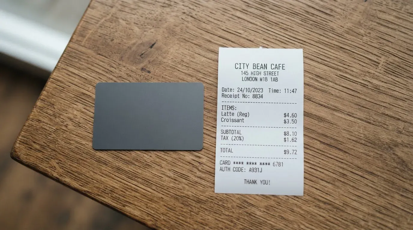 A receipt and a card on a café table