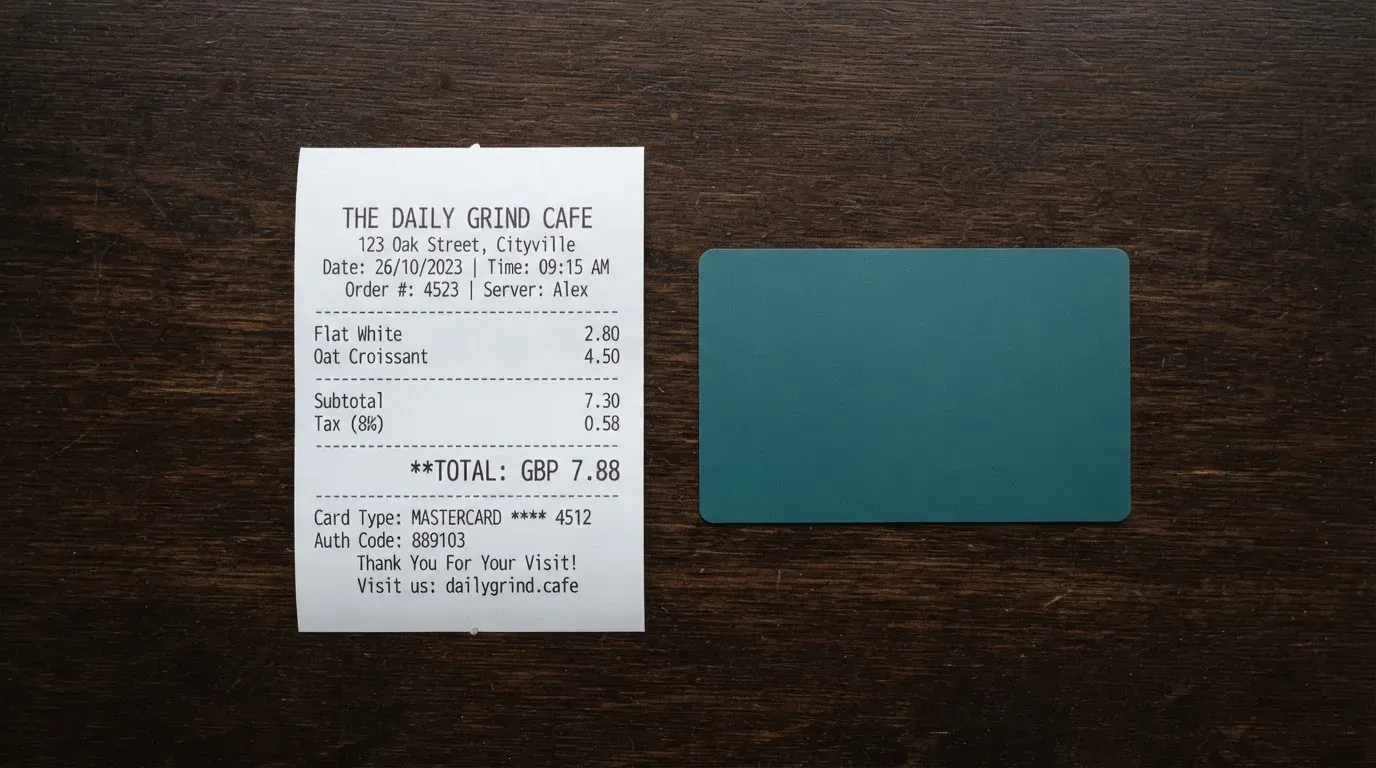 A receipt and a card on a café table