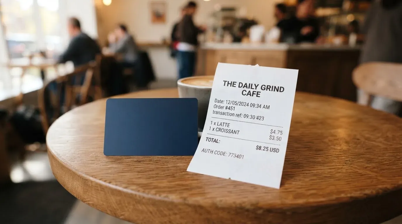 A receipt and a card on a café table