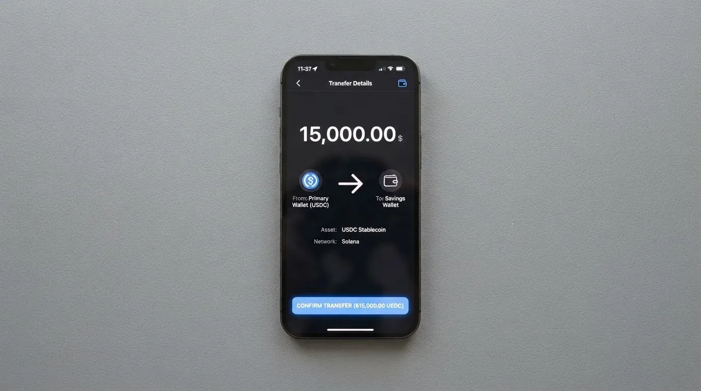 A phone showing a stablecoin transfer screen