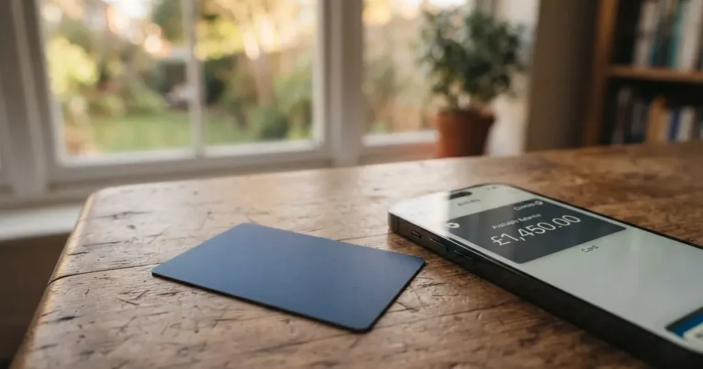 A payment card next to a phone with a crypto wallet app open