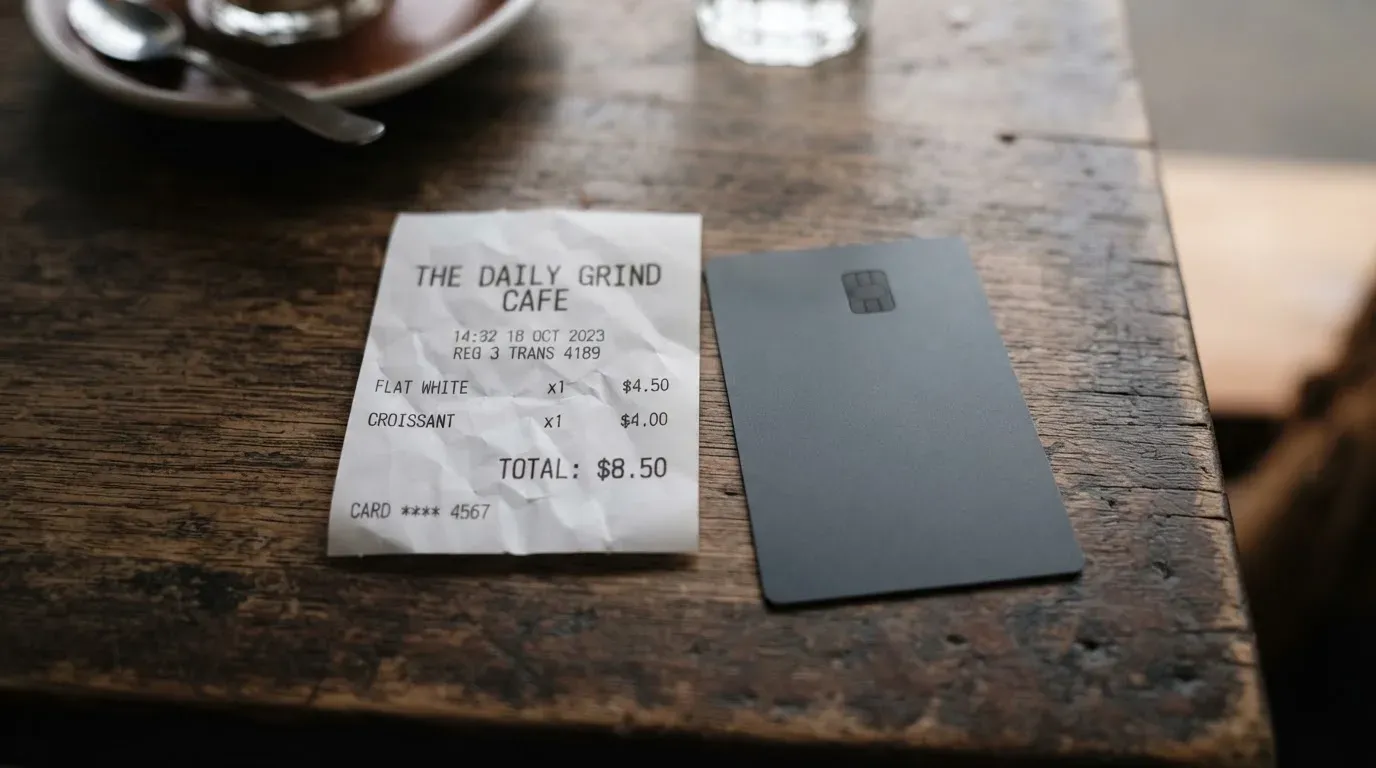 A receipt and a card on a café table