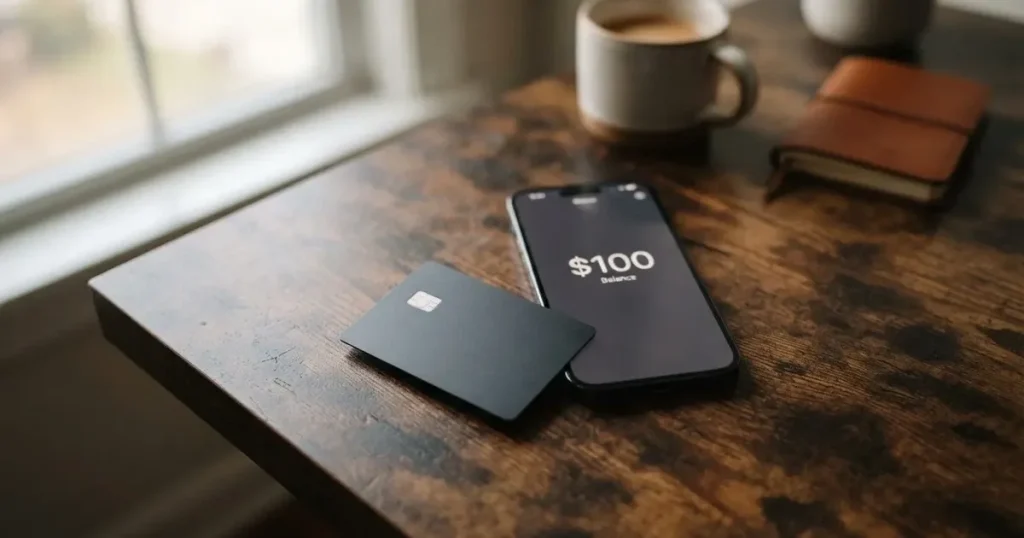 A payment card next to a phone with a crypto wallet app open