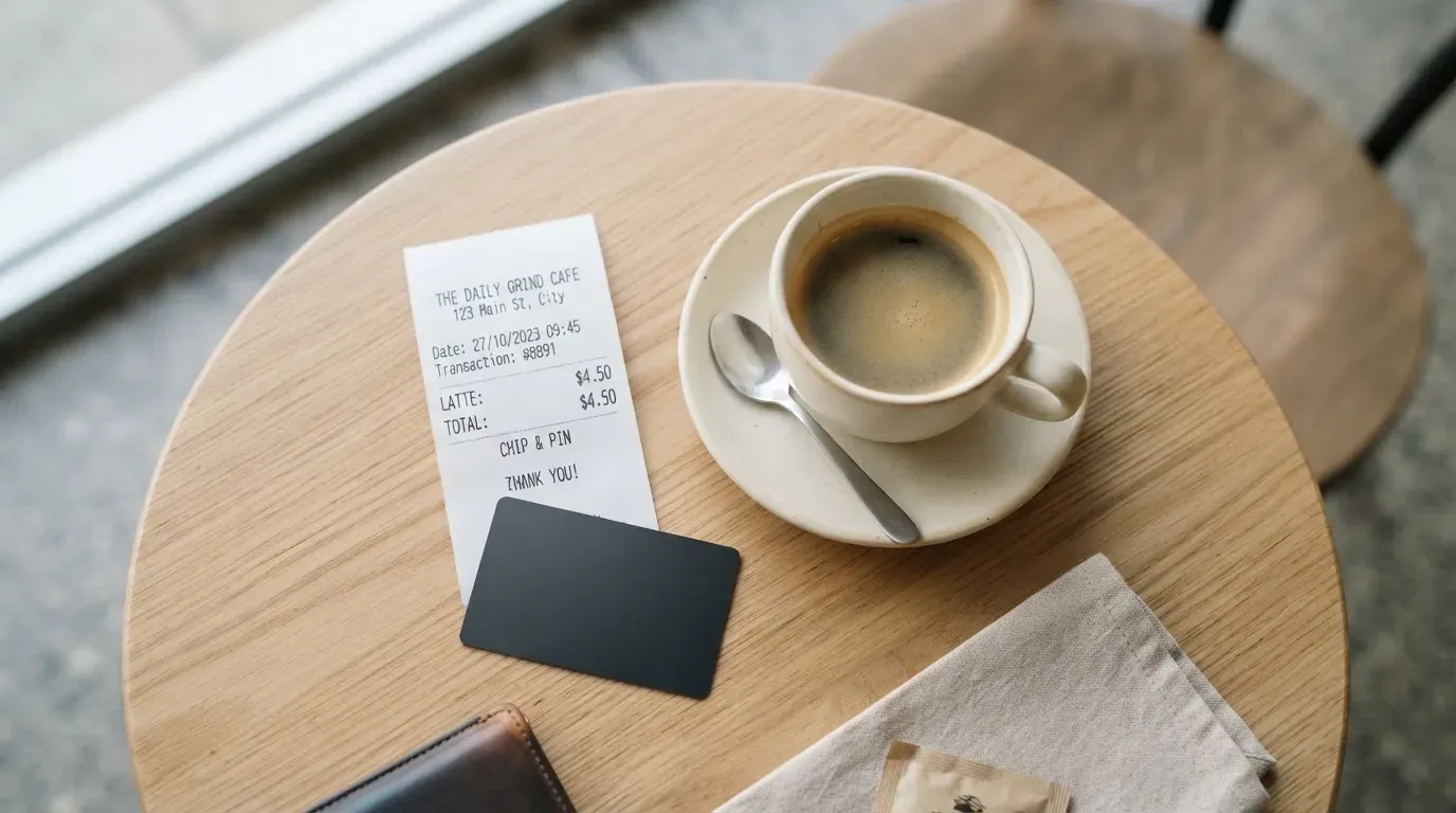 A receipt and a card on a café table