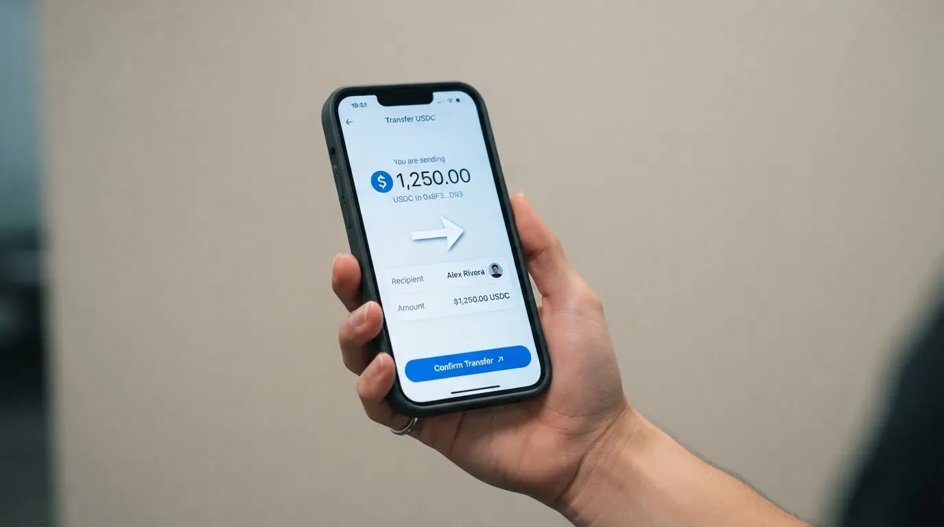A phone showing a stablecoin transfer screen