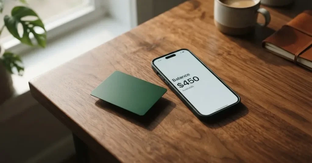 A payment card next to a phone with a crypto wallet app open