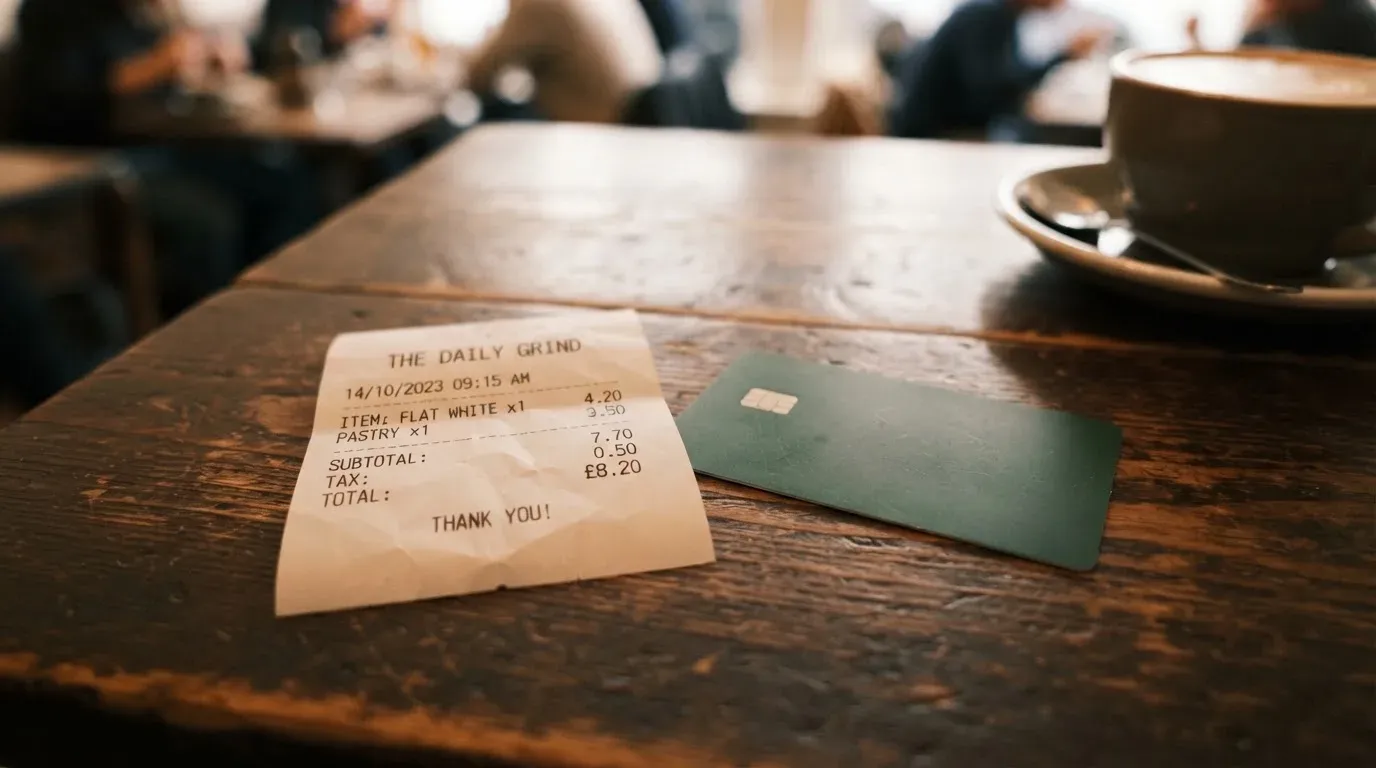 A receipt and a card on a café table