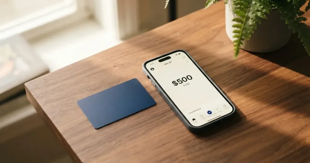 A payment card next to a phone with a crypto wallet app open