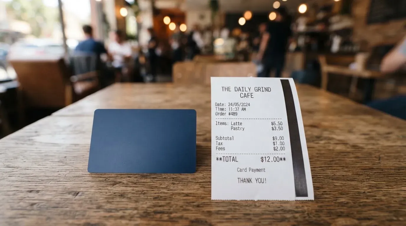 A receipt and a card on a café table