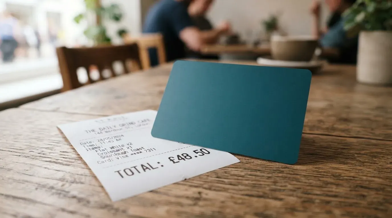 A receipt and a card on a café table
