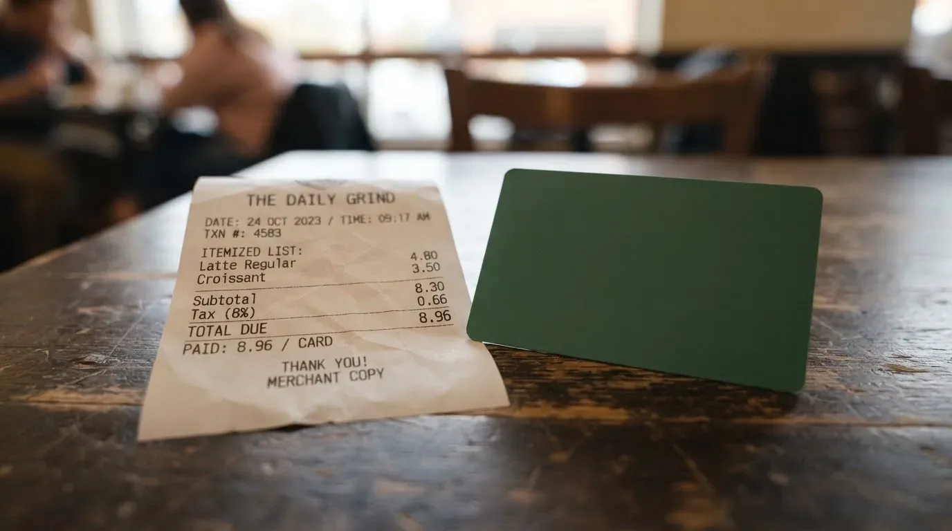 A receipt and a card on a café table