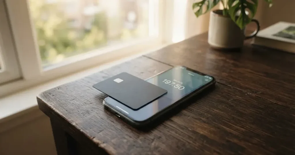 A payment card next to a phone with a crypto wallet app open