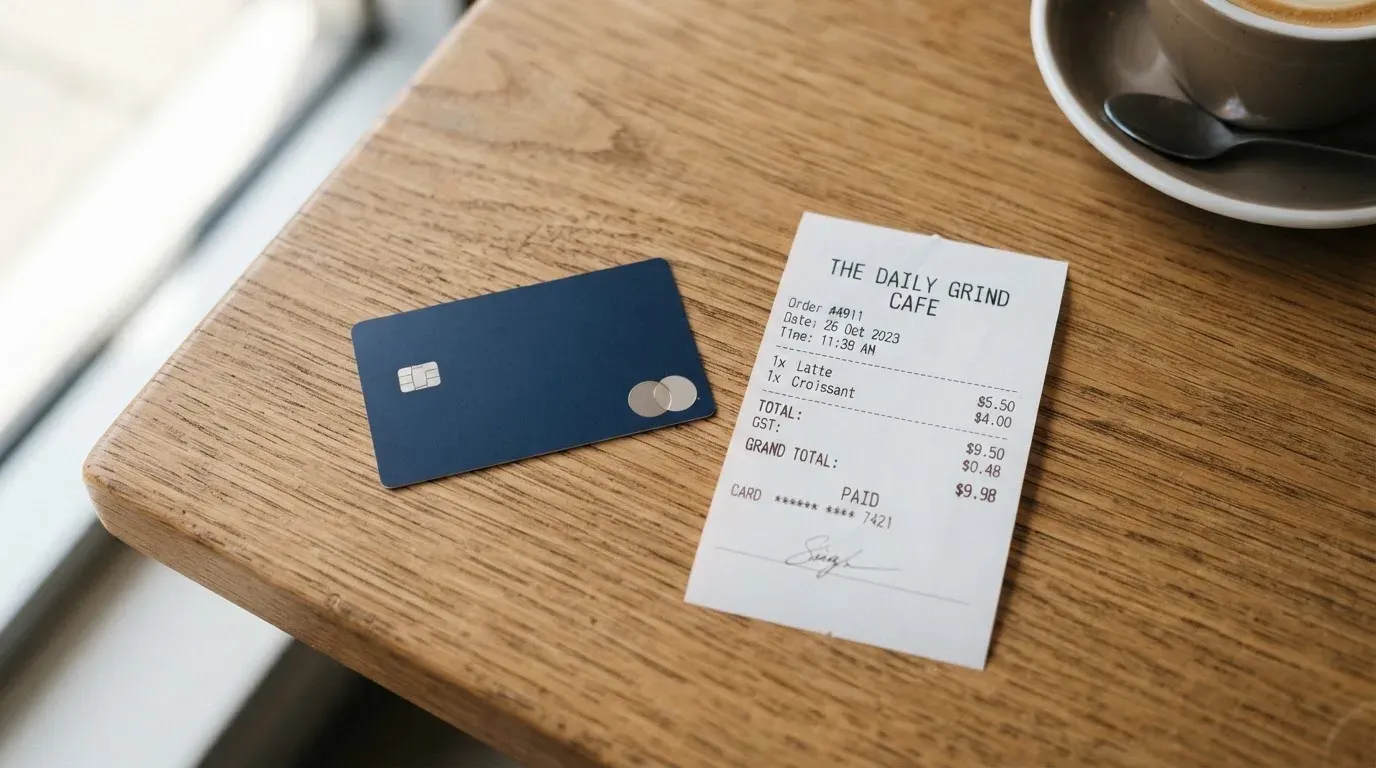 A receipt and a card on a café table
