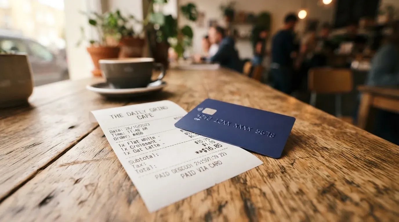 A receipt and a card on a café table