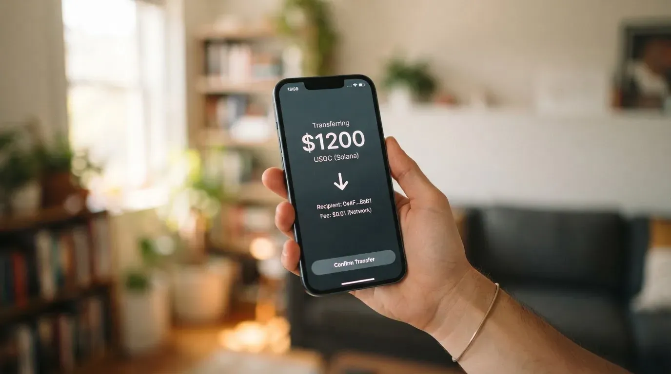 A phone showing a stablecoin transfer screen