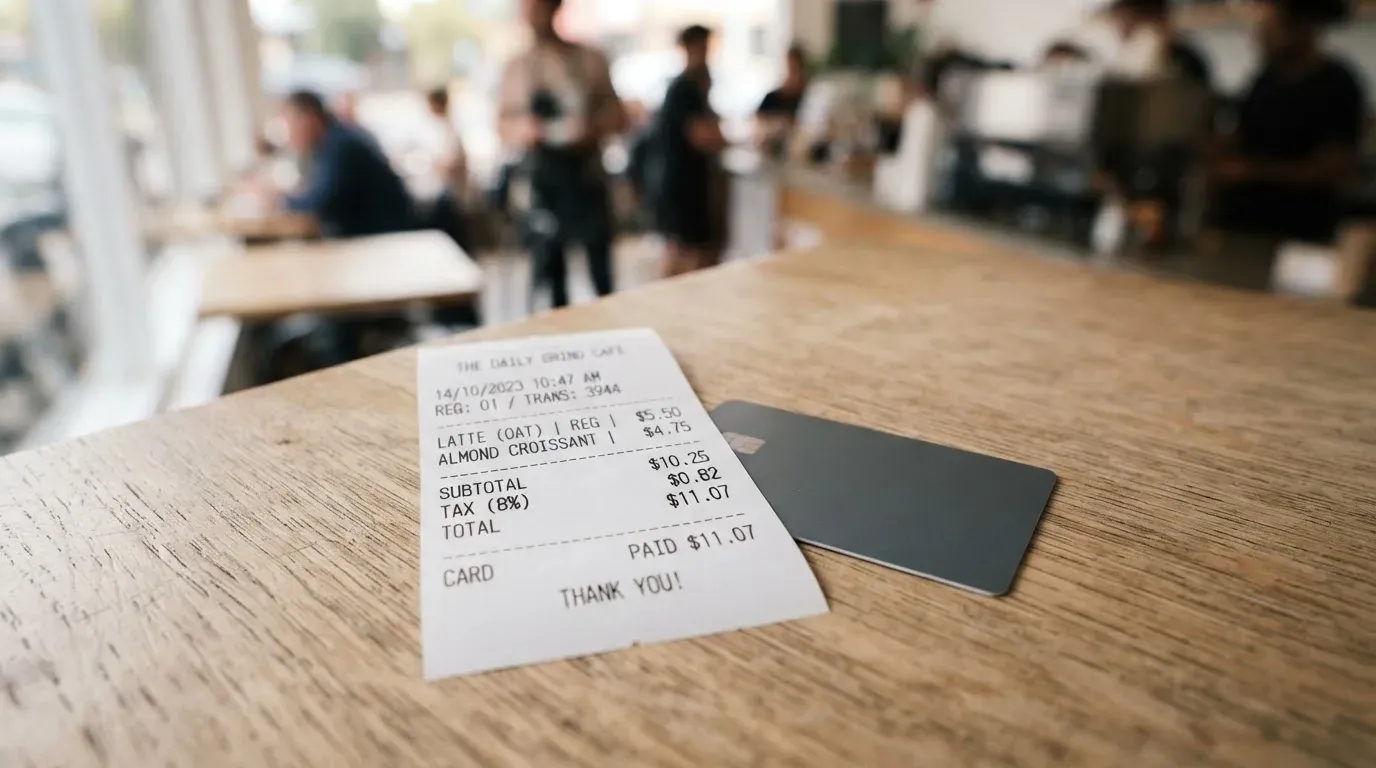 A receipt and a card on a café table