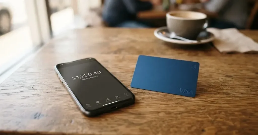 A payment card next to a phone with a crypto wallet app open