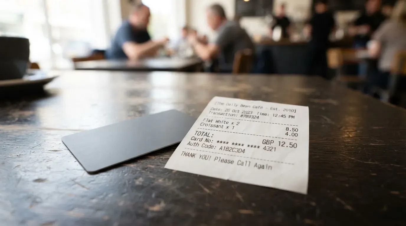 A receipt and a card on a café table