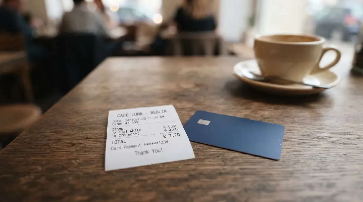 A receipt and a card on a café table