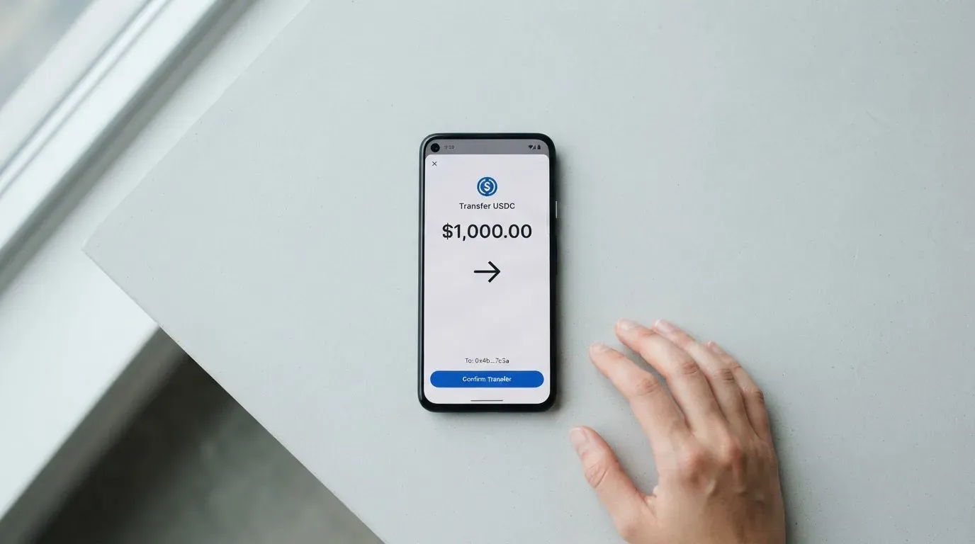 A phone showing a stablecoin transfer screen