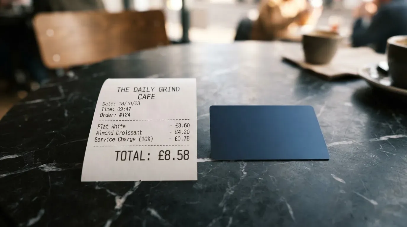 A receipt and a card on a café table