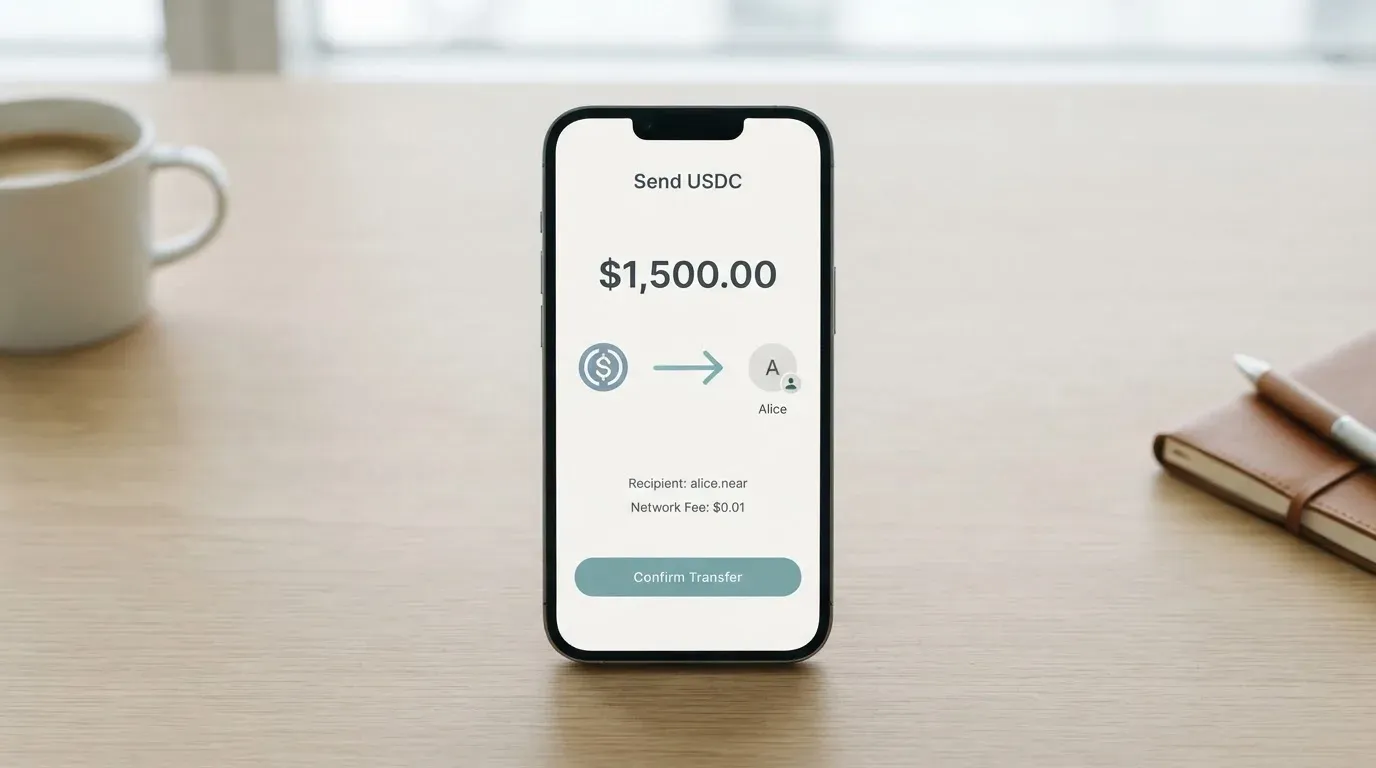 A phone showing a stablecoin transfer screen