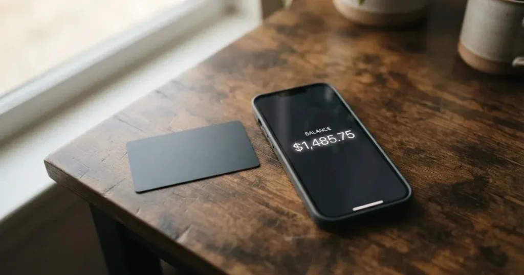 A payment card next to a phone with a crypto wallet app open