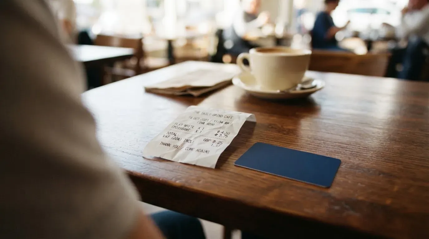 A receipt and a card on a café table