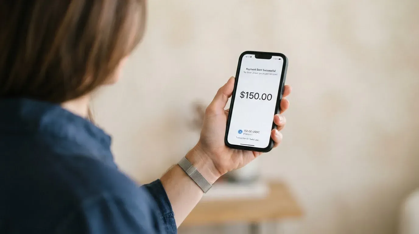 A phone showing a stablecoin transfer screen