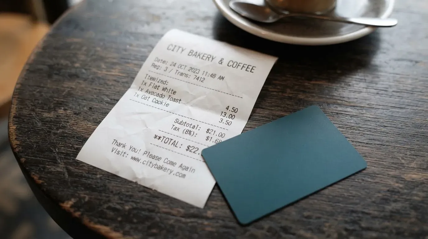 A receipt and a card on a café table