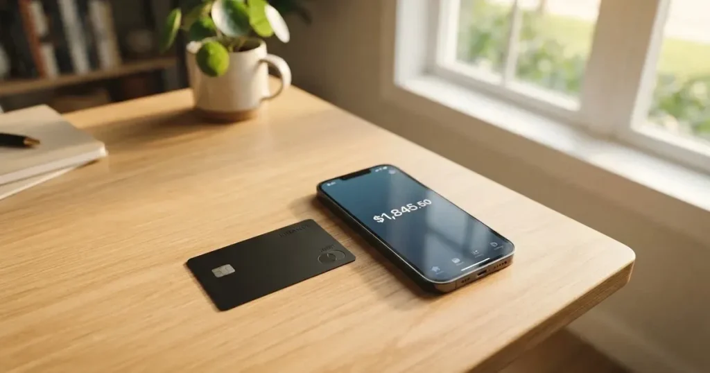 A payment card next to a phone with a crypto wallet app open