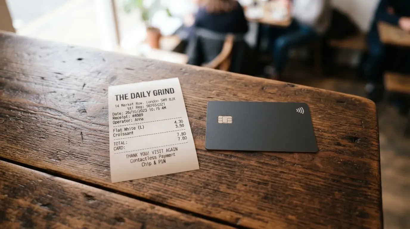 A receipt and a card on a café table