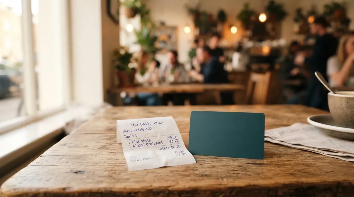 A receipt and a card on a café table