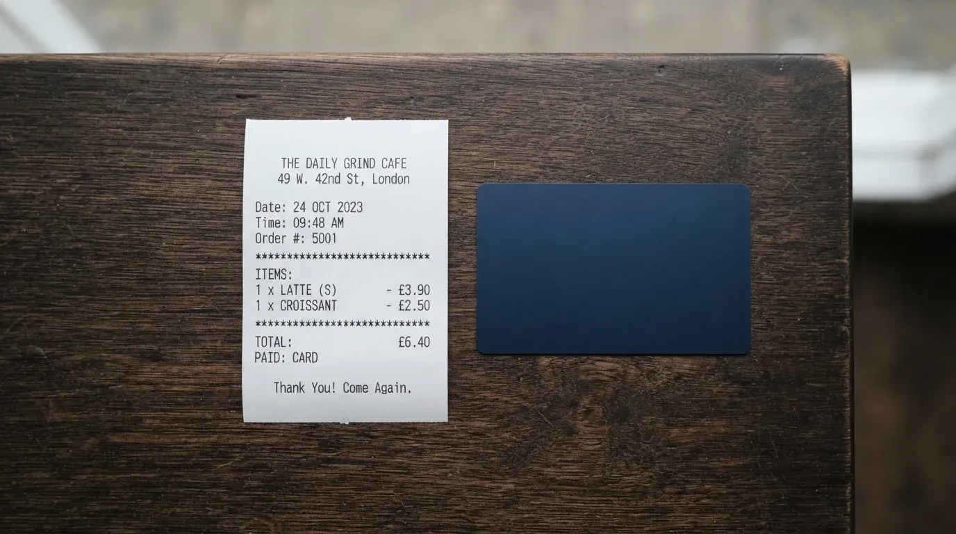 A receipt and a card on a café table