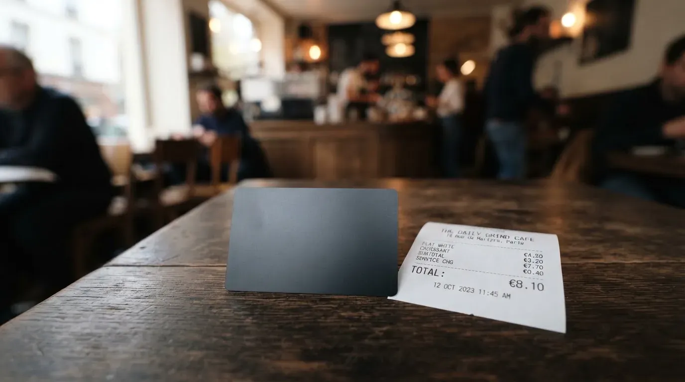 A receipt and a card on a café table