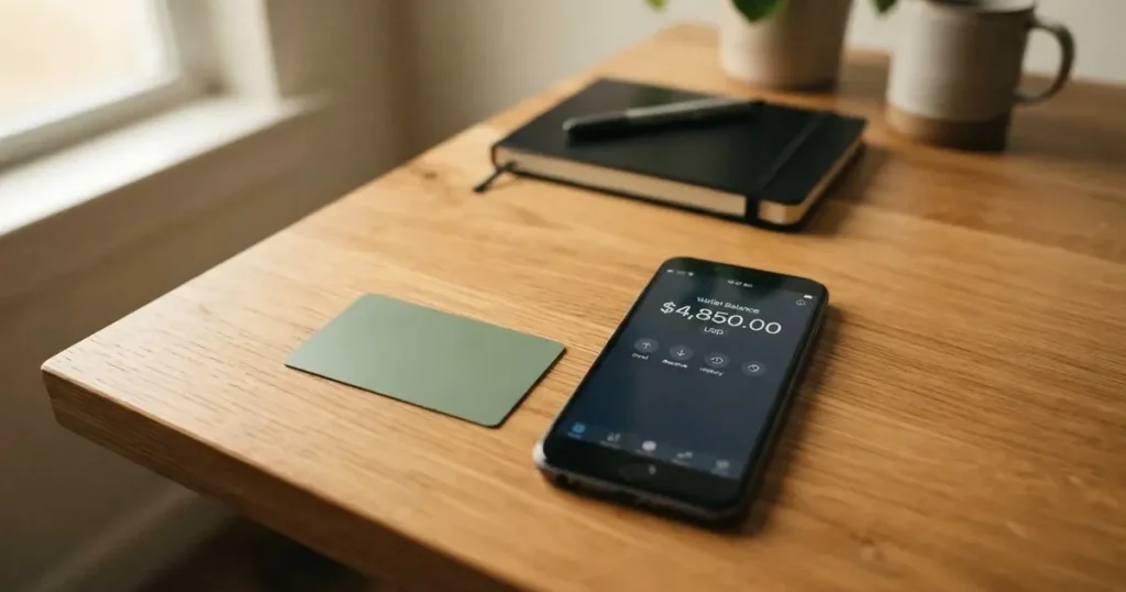 A payment card next to a phone with a crypto wallet app open