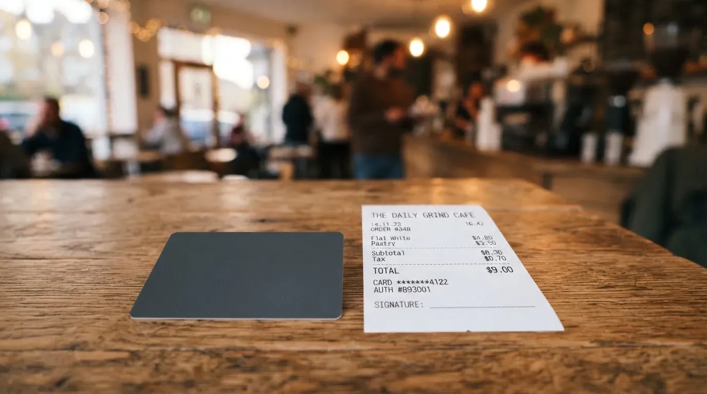 A receipt and a card on a café table