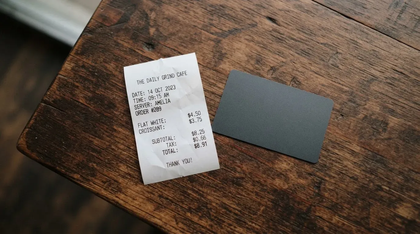 A receipt and a card on a café table