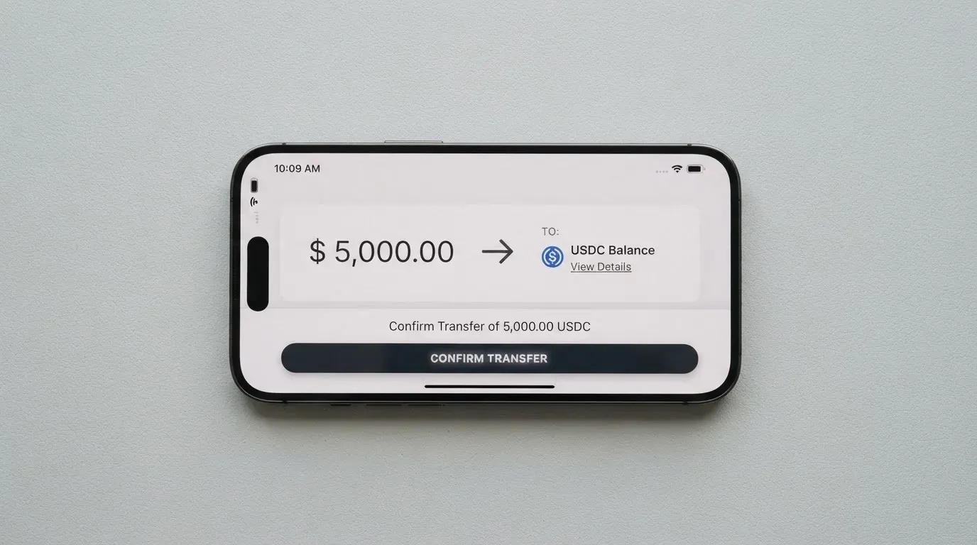 A phone showing a stablecoin transfer screen