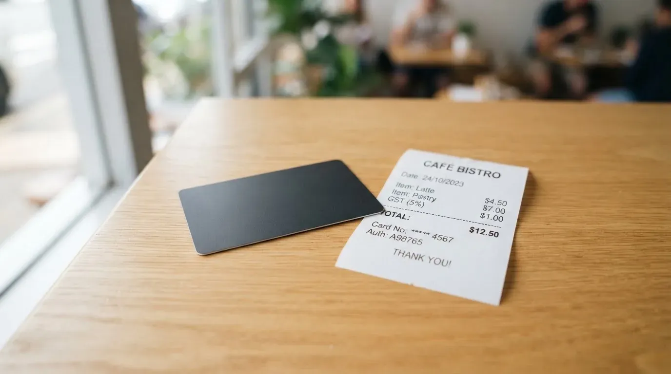 A receipt and a card on a café table