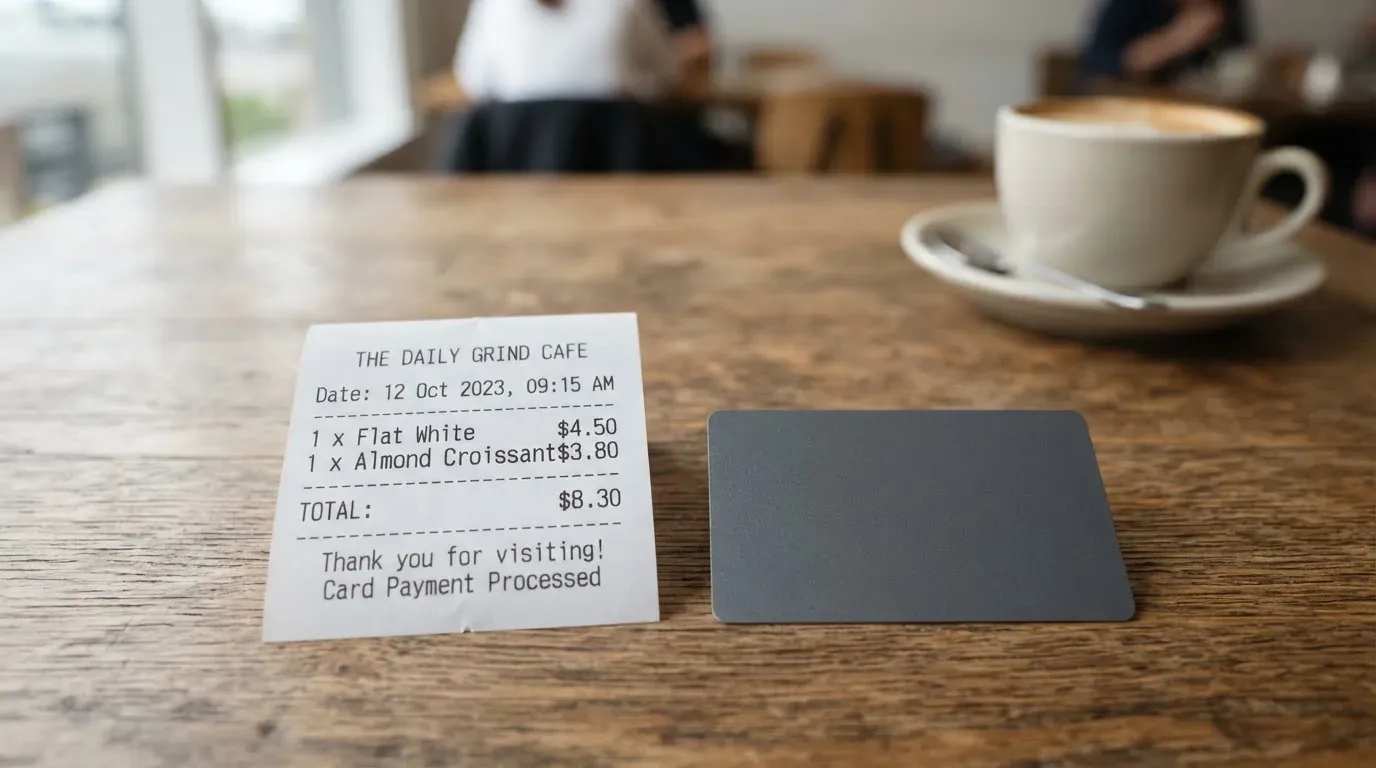 A receipt and a card on a café table