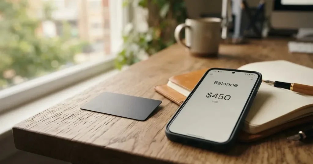 A payment card next to a phone with a crypto wallet app open