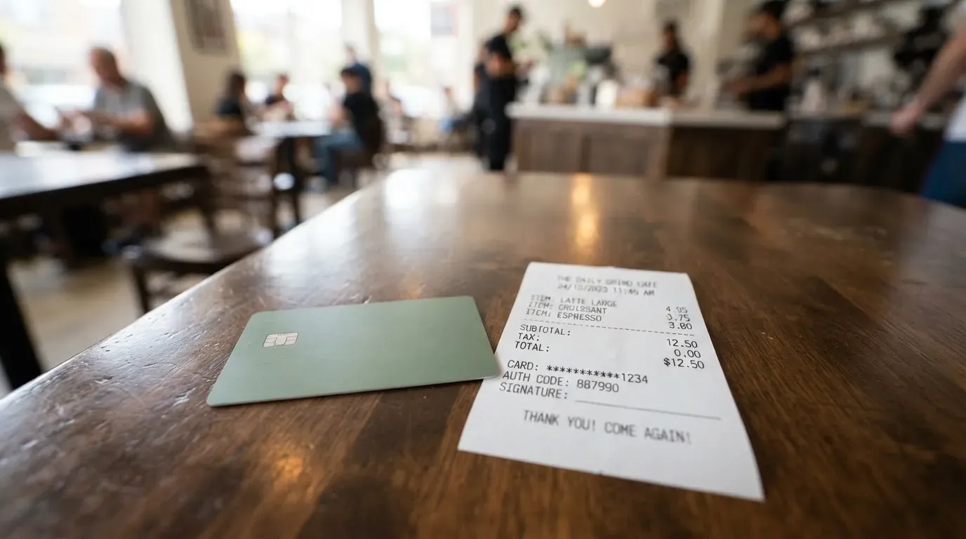 A receipt and a card on a café table