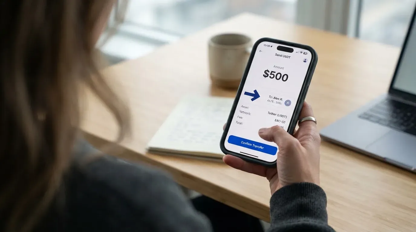 A phone showing a stablecoin transfer screen