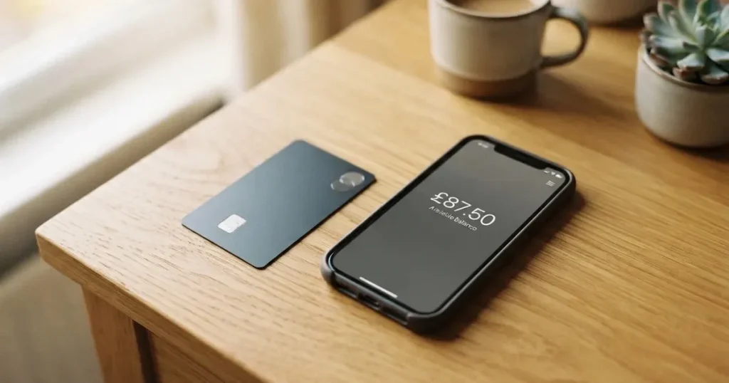 A payment card next to a phone with a crypto wallet app open