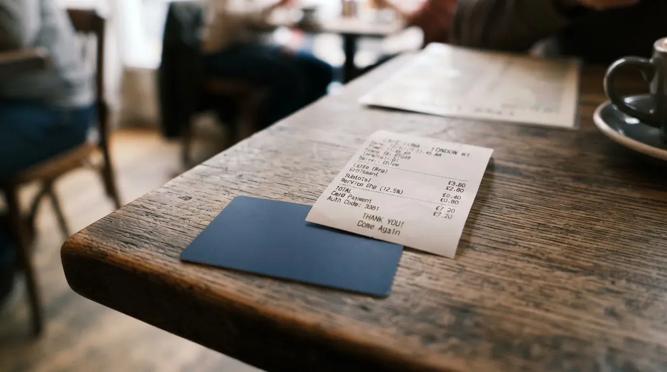 A receipt and a card on a café table