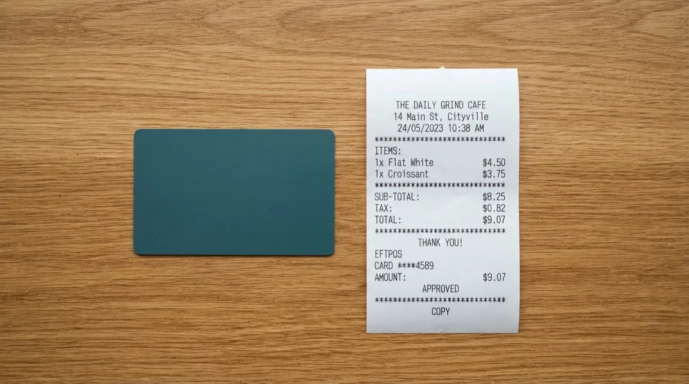 A receipt and a card on a café table