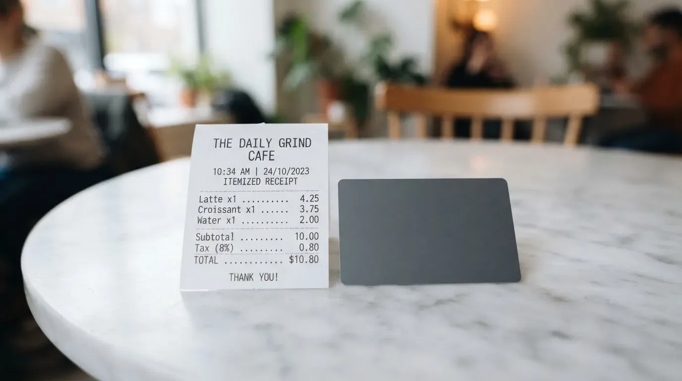 A receipt and a card on a café table