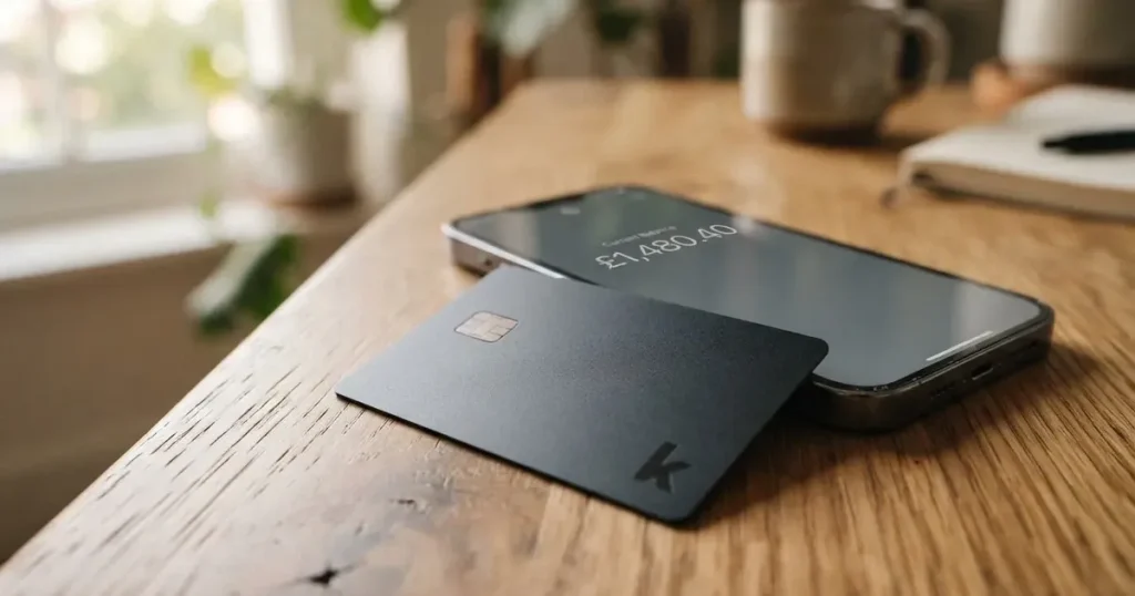 A payment card next to a phone with a crypto wallet app open